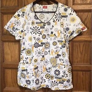 Dickies Cancer Cure Top Women's L Multicolor Cotton Poly  Pockets V-Neck Scrubs